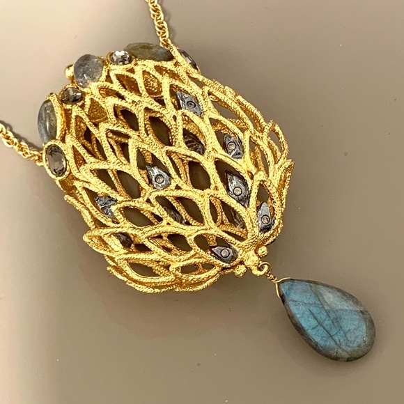 Alexis Bittar Jewelry - ALEXIS BITTAR • NEW Archive Phoenix Lacy Leaf Labradorite 
Locket Necklace